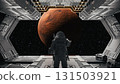 Astronaut observing mars from spaceship bay window: space exploration and colonization concept. 3d render 131503921