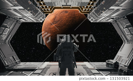 Astronaut observing mars from spaceship bay window: space exploration and colonization concept. 3d render Astronaut observing mars from spaceship bay window: space exploration and colonization concept. 3d render 131503921