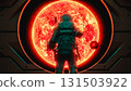 Astronaut observing burning red giant star from spaceship window. 3d render 131503922