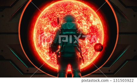 Astronaut observing burning red giant star from spaceship window. 3d render 131503922