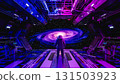 Astronaut observing spiral galaxy from futuristic spaceship bay. 3d render 131503923
