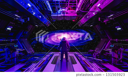 Astronaut observing spiral galaxy from futuristic spaceship bay. 3d render Astronaut observing spiral galaxy from futuristic spaceship bay. 3d render 131503923