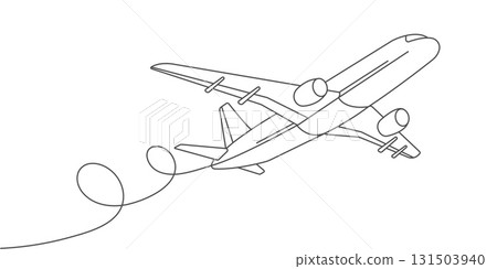 Flying plane.Airplane line drawing.Air flights.Vacation banner.Vector illustration . 131503940