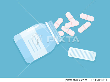Tablets spilled out of an open medicine bottle. Container with medical capsules. Treatment of diseases, intake of vitamins and antibiotics. Prescription-only medicines in pharmaceutical packaging. 131504051