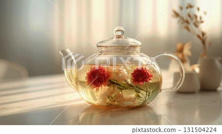 Transparent teapot with blooming flower tea in soft sunlight. Transparent teapot with blooming flower tea in soft sunlight. 131504224