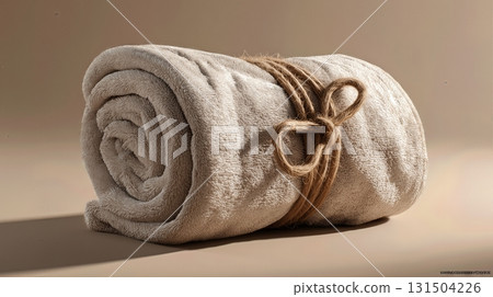 Rolled beige cotton towel tied with rope on neutral background. Rolled beige cotton towel tied with rope on neutral background. 131504226