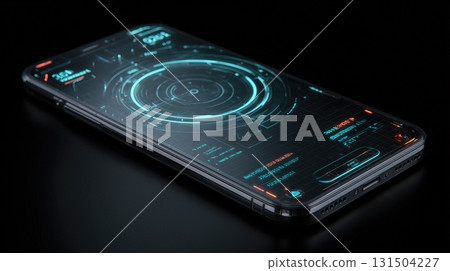 Futuristic smartphone with glowing holographic digital interface. 131504227