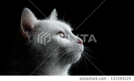 White cat looking up in profile against dark background. White cat looking up in profile against dark background. 131504229