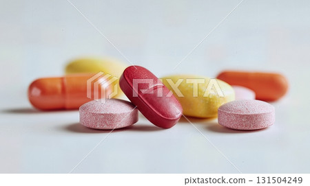 Assorted colorful pills and vitamins on white background. Assorted colorful pills and vitamins on white background. 131504249