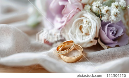Gold wedding rings with flowers on soft fabric background. 131504250