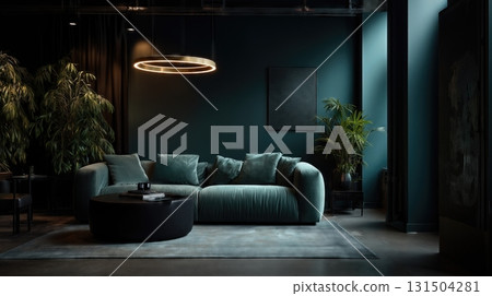 Stylish teal living room with sofa, round table, and glowing lamp. 131504281