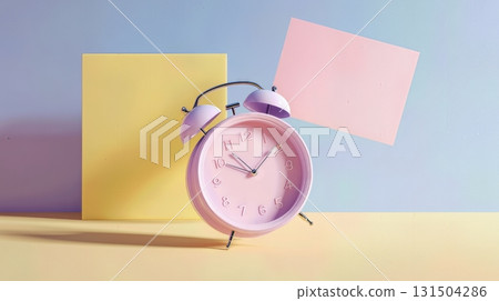 Pink alarm clock on colorful pastel background with yellow and pink panels. Pink alarm clock on colorful pastel background with yellow and pink panels. 131504286