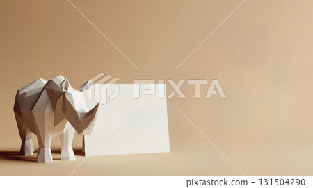 Geometric origami rhino figure with empty white card on beige background. Geometric origami rhino figure with empty white card on beige background. 131504290