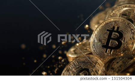 Shiny golden bitcoin coins stacked with glowing light effects. Shiny golden bitcoin coins stacked with glowing light effects. 131504304