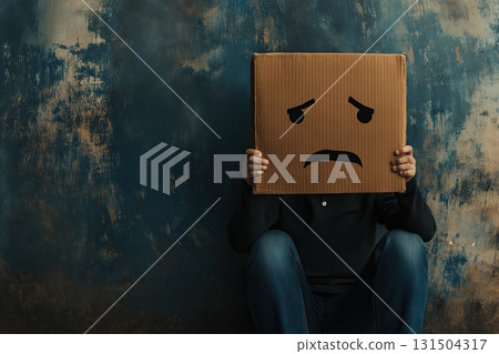 A man sitting on the floor holds a cardboard with a sad face, symbolizing depression and emotional struggle A man sitting on the floor holds a cardboard with a sad face, symbolizing depression and emotional struggle 131504317