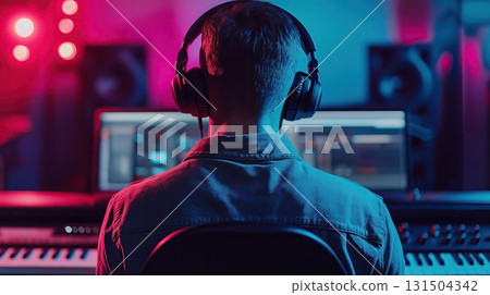 A music producer in a recording studio wearing headphones, focused on a mixing console and computer screens. A high-tech audio production concept 131504342