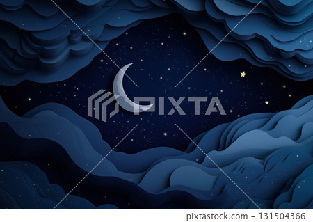 A dreamy night sky illustration with a crescent moon and stars, surrounded by layered paper-like clouds in deep blue tones A dreamy night sky illustration with a crescent moon and stars, surrounded by layered paper-like clouds in deep blue tones 131504366