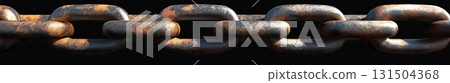 A close-up of a rusty steel chain with thick metal links, isolated on a dark background A close-up of a rusty steel chain with thick metal links, isolated on a dark background 131504368
