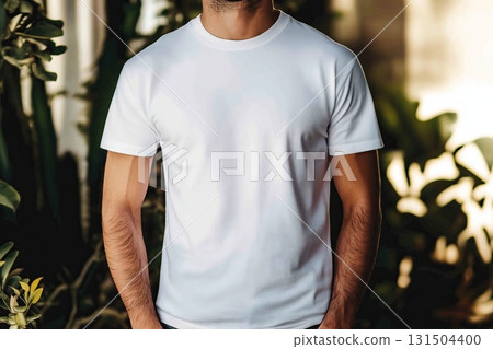 Man in white T-shirt standing among green plants 131504400