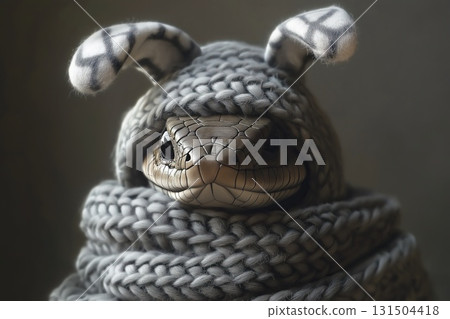 Cute snake dressed in a knitted hat with bunny ears and a scarf. Cute snake dressed in a knitted hat with bunny ears and a scarf. 131504418
