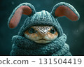 Cute snake dressed in a knitted hat with bunny ears and a scarf. 131504419