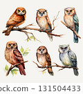 A group of six watercolor owls perched on tree branches, each with unique colors and expressions 131504433