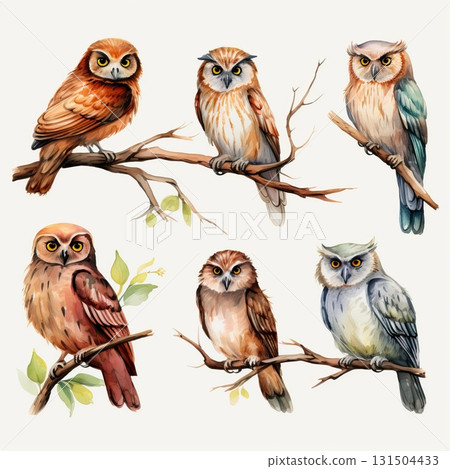 A group of six watercolor owls perched on tree branches, each with unique colors and expressions A group of six watercolor owls perched on tree branches, each with unique colors and expressions 131504433