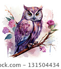 A purple watercolor owl sits among pink blossoms and leaves on a light background 131504434