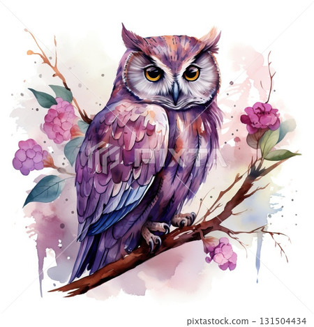 A purple watercolor owl sits among pink blossoms and leaves on a light background 131504434
