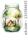 Illustration of a small house in a glass jar with a magic forest inside. 131504435