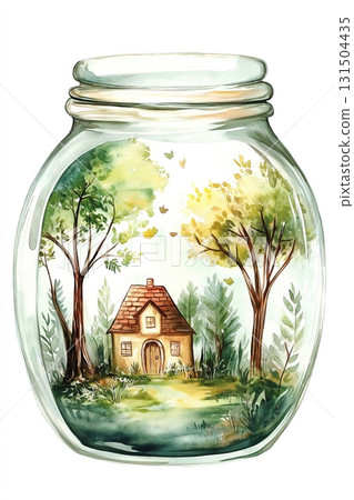 Illustration of a small house in a glass jar with a magic forest inside. Illustration of a small house in a glass jar with a magic forest inside. 131504435