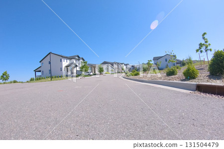 Street-level view of a newly developed residential area with identical homes stretching into the distance. Clear skies and minimal landscaping indicate a recently completed housing development. 131504479