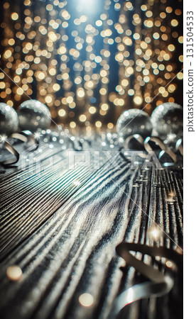 A polished wooden floor reflects shimmering silver bokeh lights with varied particle sizes. Confetti is scattered at the bottom, creating a festive and magical atmosphere perfect for elegant 131504533