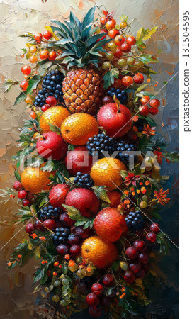 Illustration of fruit harvest, apples, grapes, berries, pears. AI generative 131504595