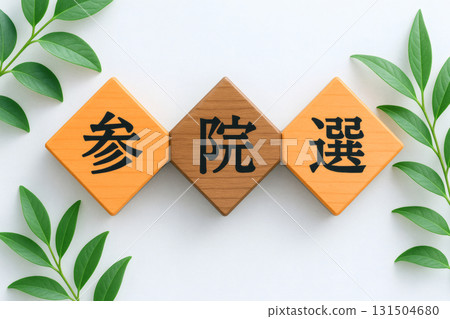 Image of a political election with the letters "House of Councillors Election" and a wooden panel decorated with green leaves Image of a political election with the letters "House of Councillors Election" and a wooden panel decorated with green leaves 131504680