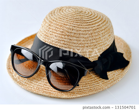 時尚夏季配件:黑色絲帶的草帽和太陽眼鏡 時尚夏季配件:黑色絲帶的草帽和太陽眼鏡 131504701