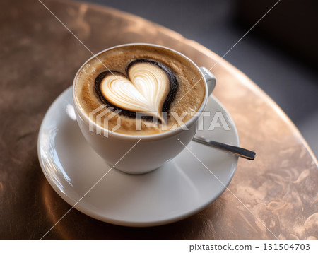 一杯熱咖啡拿鐵，上面有心型拿鐵藝術 131504703