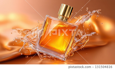 Elegant Perfume Bottle with Golden Cap and Dynamic Liquid Splash 131504816