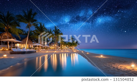 Starry Night over Luxury Tropical Beach Resort with Glowing Lights and Calm Water 131504852