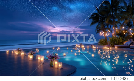 Tropical Night Paradise with Starry Sky and Illuminated Pool 131504853