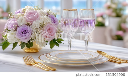 Elegant table setting with lavender and pink roses, gold accents, and crystal glasses for a special event 131504908