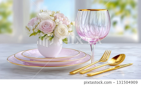Elegant Table Setting with Pink and Gold Accents, Floral Arrangement, and Fine Dining Elements 131504909