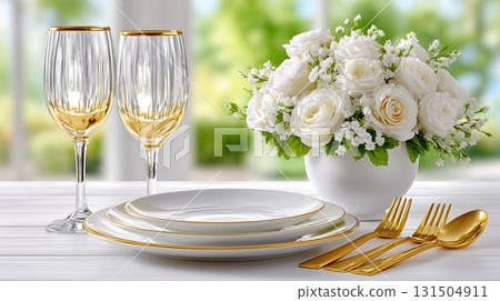 Elegant Table Setting with White Roses, Gold Cutlery, and Wine Glasses for a Special Occasion 131504911