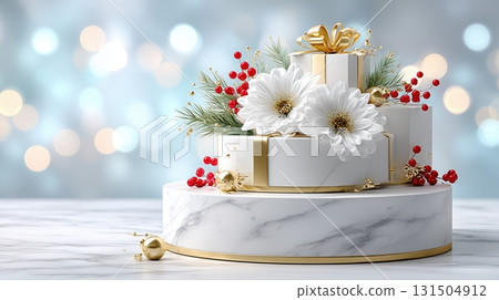 Elegant tiered holiday decoration with white flowers, red berries, and gold accents on marble 131504912