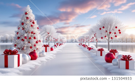 Winter wonderland path with festive Christmas decorations, snow-covered trees, and gifts at dawn Winter wonderland path with festive Christmas decorations, snow-covered trees, and gifts at dawn 131504933