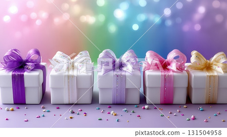 Colorful Gift Boxes with Ribbons and Bokeh Background 131504958