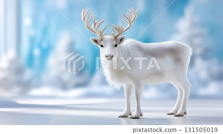 Majestic white reindeer with impressive antlers in a serene winter landscape Majestic white reindeer with impressive antlers in a serene winter landscape 131505019
