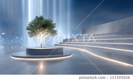 Modern urban oasis with illuminated tree and futuristic architecture overlooking a vibrant cityscape at night. 131505026
