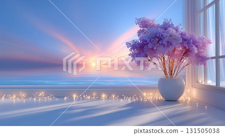 Serene Sunset View with Blooming Tree and Twinkling Lights 131505038