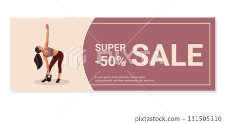 A faceless fitness woman stretches to the side while holding a kettlebell, promoting a sale event focused on health and wellness. 131505110